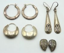 Five pairs of silver & white metal earrings, hoop
