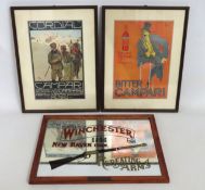 A framed Winchester rifle mirror twinned with two