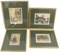 Three framed French etchings & one Venetian, large