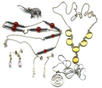 A silver & marcasite elephant brooch, a silver cha