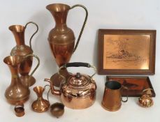 A collection of copper wares including two framed