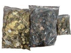 A collection of UK threepenny bits, 519g, twinned with brass coinage 3.31kg, copper coinage 5.39kg