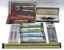 A selection of drawing instruments & a Parker pen