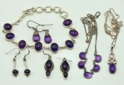 A selection of silver & white metal set amethyst j