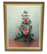 A framed oil painting of floral still life by Clem