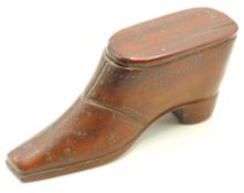 A 19thC. mahogany treen novelty boot snuff box, 11