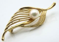 A 9ct gold brooch of leaf form set with cultured p