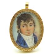 A George III yellow metal mounted watercolour portrait of gentleman, possibly English Banker, John L