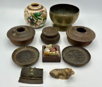 A selection of Chinese items to include three wooden bowls & two carved dishes, a Chinese flint purs
