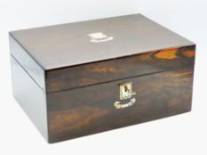 A Victorian coromandel wood work box with mother o