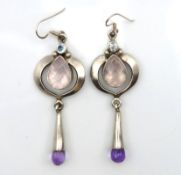 A pair of retro silver rose quartz & amethyst drop