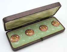 A cased set of gilded cloisonne enamel buttons, 24