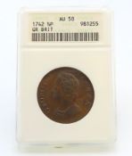 A graded 1742 George II half penny, grade AU58