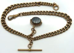 A 9ct gold Albert chain with T-bar & bloodstone &