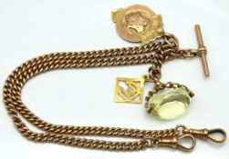 A 9ct gold Albert chain with T-bar & three fobs, o