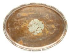 An arts & crafts copper tray with white metal inlay, probably by Hugh Wallis, 320mm x 240mm, 650g