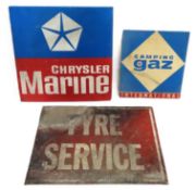 Three vintage signs Chrysler Marine, Camping Gaz &