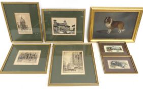 Three framed French etchings & one Venetian, large