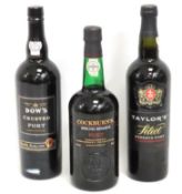 Three bottles of port comprising Dow's Crusted Por