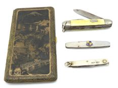 A silver cased fruit knife, two other pocket knive