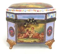 A reproduction French style porcelain casket with interlaced Ls mark base, 130mm wide x 132mm deep x
