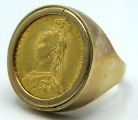 A 9ct gold ring of plain form set with 1887 Victor