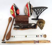 A brass inlaid teak jewellery box, two vintage Mas