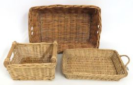 An open wicker basket, a wicker fruit/egg basket &