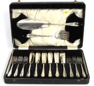 A cased silver plated fish knife & fork set