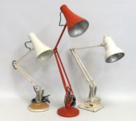 Two white Herbert Terry lamps & one orange Anglepo