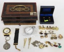 A vintage steel cash box with key, a Majex stop wa