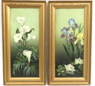 A pair of framed oil on tin floral paintings, mono
