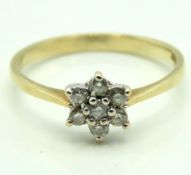 A 9ct gold daisy style ring set with approx. 0.14c