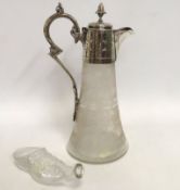 A plated claret jug with etched decor twinned with