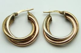 A pair of 9ct three colour gold hoop earrings, 22m
