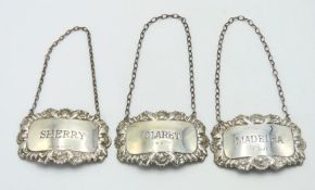 Three matching silver wine decanter labels: Sherry