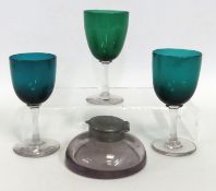 Three 19thC. green wines glasses twinned with a Vi