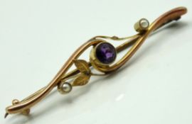 A 10ct gold bar brooch set with amethyst & pearl,
