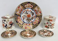 Three Royal Crown Derby Imari saucers, two Masons pattern ginger jars, 