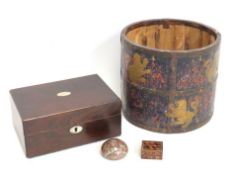 A decorative antique grain pot, a rosewood box, a