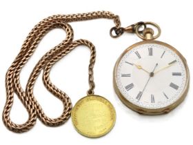 A 9ct gold pocket watch with stopwatch facility, wound & ran to start, intermittent since,