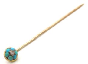 A Victorian "Forget Me Not" yellow metal tie pin set with turquoise & diamond, tests