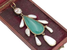 A 19thC. yellow metal pendant set with chrysoprase, pearl & freshwater pearl, tests electronically