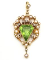 An Edwardian yellow metal pendant set with peridot, diamond & pearl, lacks one small diamond,