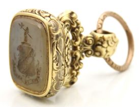 A 19thC. gold plate mounted chalcedony seal, measures 40mm x 27mm x 23mm, 30g