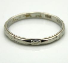 A 1920s 18ct white gold band marked "Bluebird" to inside of shank, 1.8g, size N