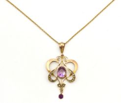 A 9ct gold chain with Edwardian amethyst & pearl pendant, chain 440mm long, pendant 44mm drop, 4.3g