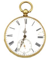 A Swiss gold pocket watch with 22 jewel movement with decorative continental village scene in relief