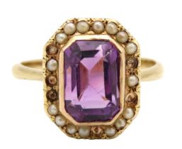 An Edwardian 9ct gold ring set with amethyst & pearl, some losses to pearl, 3.4g, size N