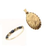 Seven-stone sapphire and cubic zirconia 9ct gold ring, and a 9ct gold oval locket (2)